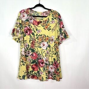 Women’s Yellow Pink Orange Floral Print Short Ruffle Sleeves Top Sz 2X
